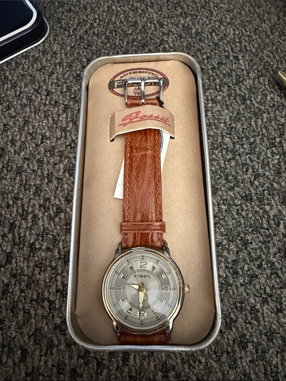 Fossil Brown Leather Strap Watch Silver Gold Accents Bevel prism glass NEW  Vtg